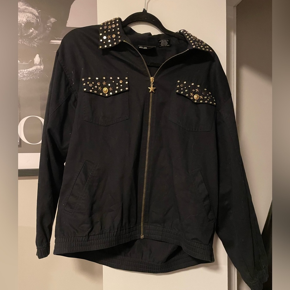 Vintage EVR black jean jacket with rhinestones and star zipper - M